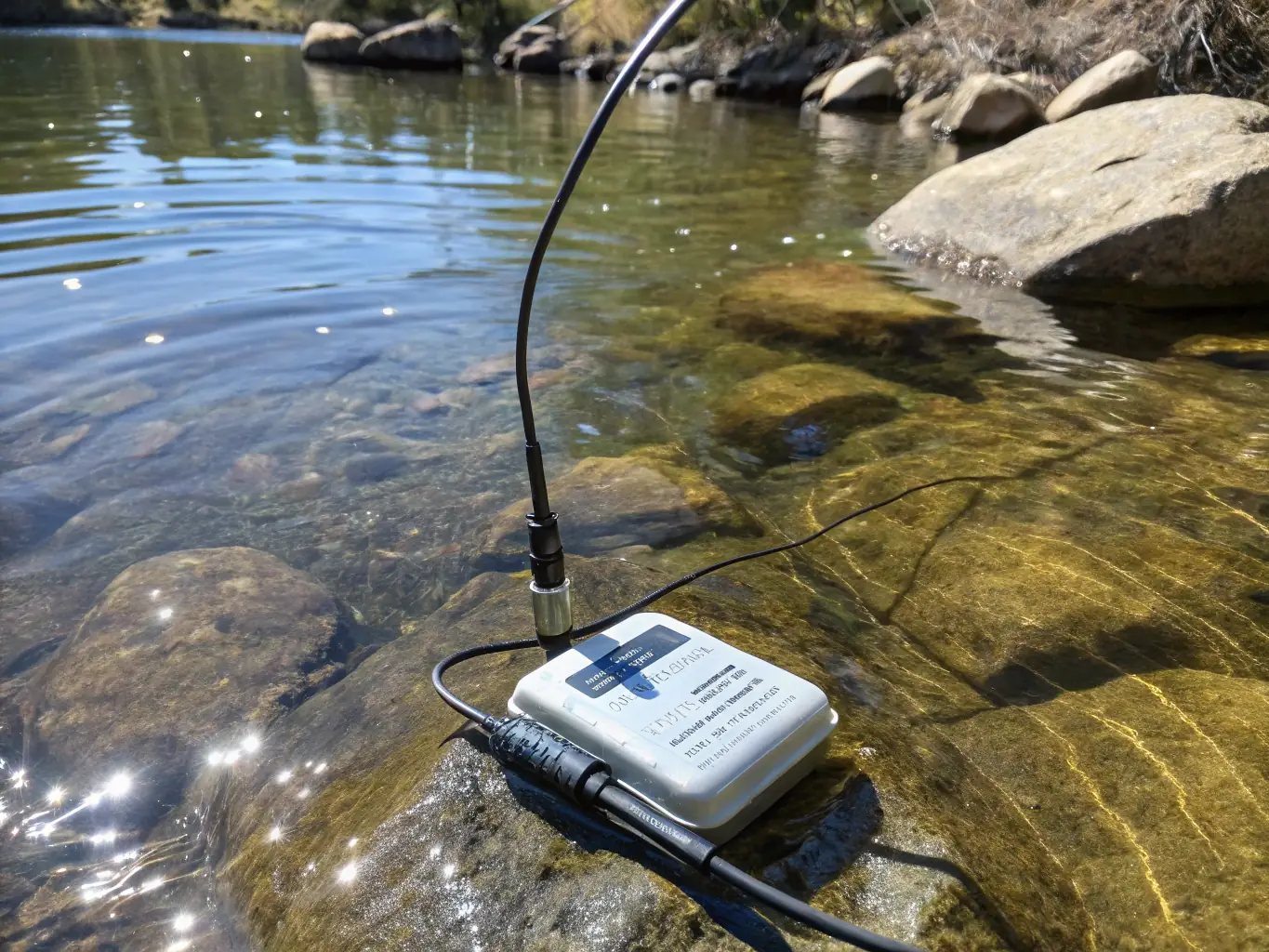 A detailed image of a water quality monitoring station, showing the equipment used to assess water purity and environmental health. The setting is a natural river environment, emphasizing the scientific aspect of the association's work.