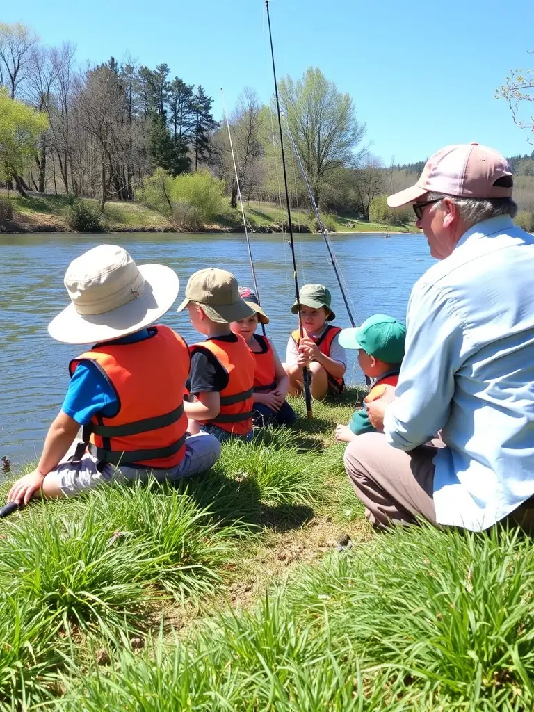 An image of a group of children participating in a fishing education workshop, learning about responsible fishing practices and the importance of conservation.