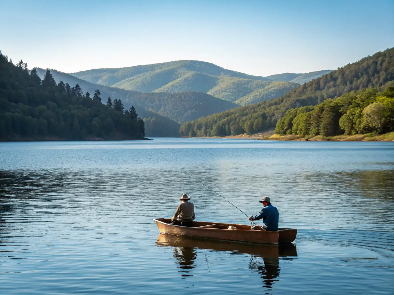 A serene image of Étang de Saint-Satur, with fishermen casting their lines into the calm waters surrounded by lush greenery. The scene emphasizes the peacefulness and natural beauty of the area.