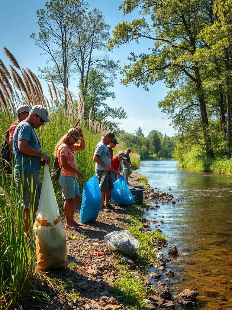 A photograph showcasing a group of volunteers participating in a river cleanup activity, removing debris and plastic waste from the riverbank, with lush greenery in the background.