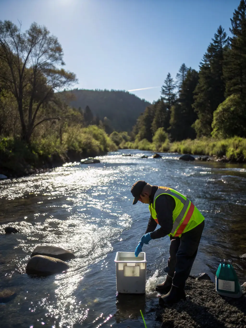 A close-up shot of a biologist collecting water samples from a local river, with scientific equipment visible and a focus on the water quality testing process.
