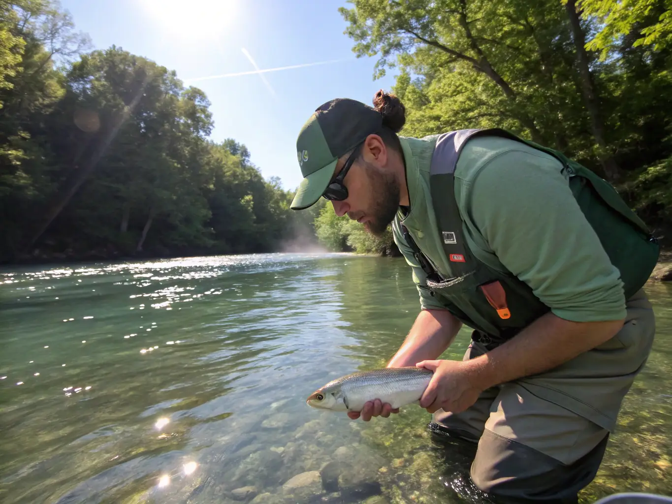 A photograph showcasing a fish restocking program, with volunteers releasing juvenile fish into a carefully monitored section of a river. The image highlights the association's efforts to enhance fish populations.