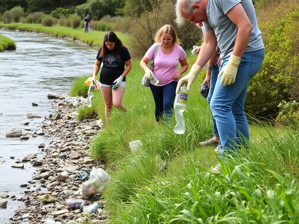 A serene image of a group of volunteers participating in a river cleanup, removing debris and restoring the natural habitat along the riverbank. The scene emphasizes community involvement and environmental stewardship.