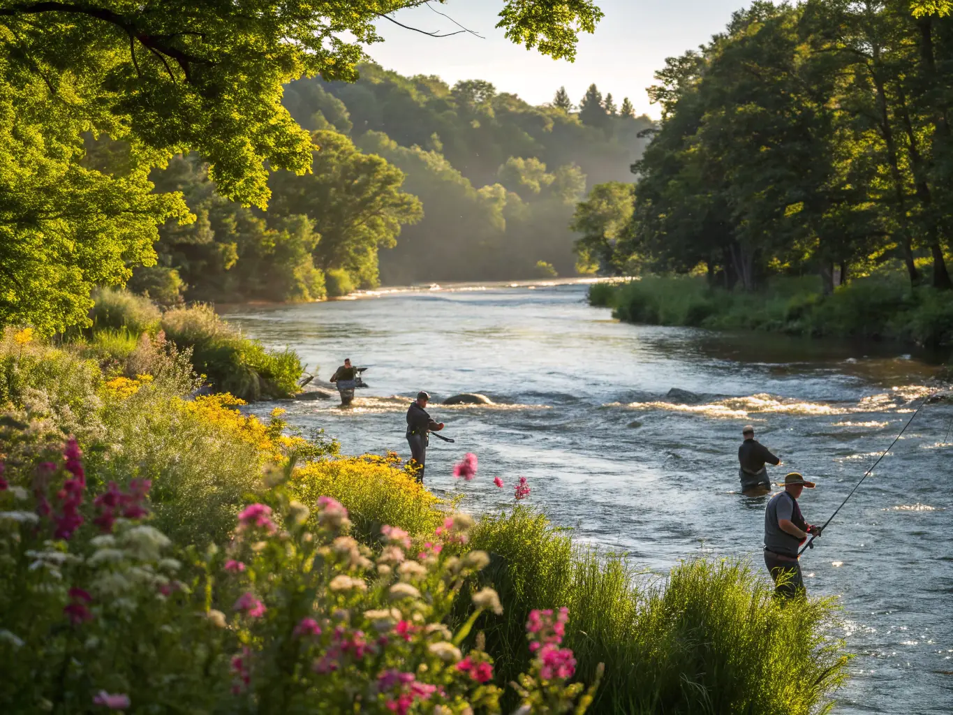 A vibrant photograph of the Canal Lateral à la Loire, showing anglers fishing along the canal with boats gently passing by. The image captures the blend of recreational activity and natural beauty.