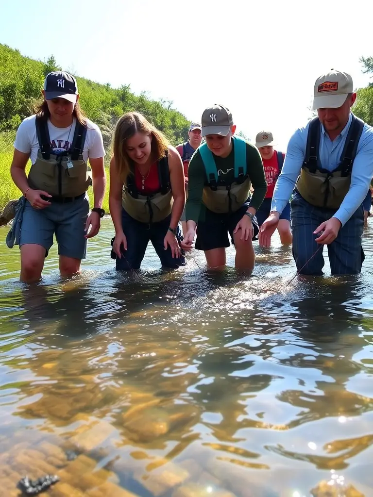 A photograph of a fish restocking event, showing volunteers releasing juvenile fish into a river, with a focus on the healthy fish and the natural river environment.